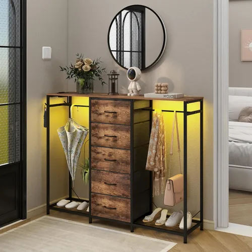 Miniatura 2 de Espelism Cómoda para dormitorio con perchero, cómoda de 5 cajones con estación de carga, luces LED, cómoda blanca, estante flexible y espacio