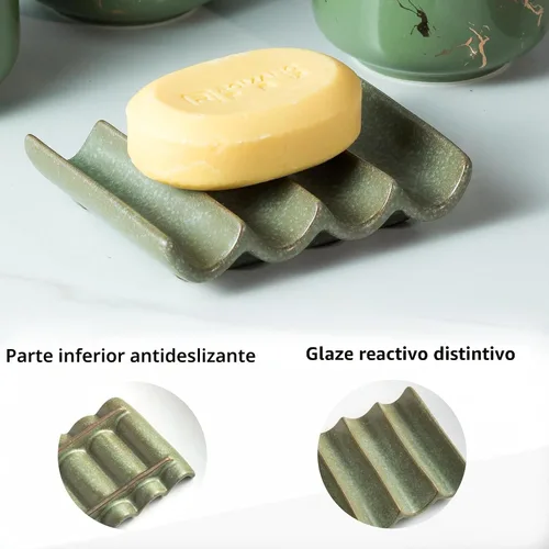 Miniatura 6 de Jabonera de cerámica drenante, diseño estriado, soporte para jabón de barra para ducha y baño, elevación de esponja ahorradora de jabón, color verde