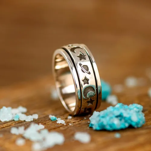 Miniatura 9 de Boho-Magic Anillo giratorio de plata de ley 925 para mujer con luna, estrellas y Saturno