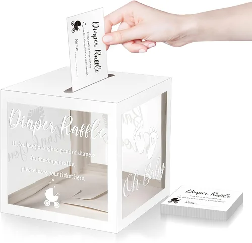 Miniatura 11 de Funrous 51 boletos para rifa de pañales con caja para invitaciones de juegos de baby shower, tarjeta de rifa de pañales para revelación de género