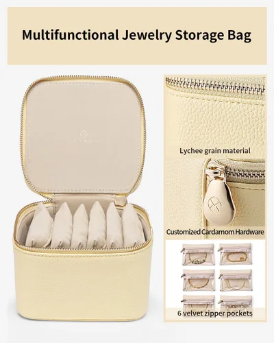 Miniatura 5 de Vlando Joyero de viaje para mujer, joyero de piel sintética con 6 bolsillos de terciopelo con cremallera, cajas de almacenamiento para aretes