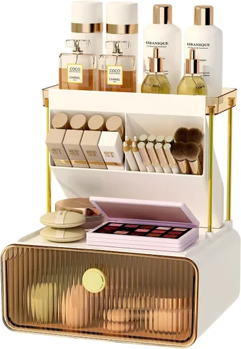 FOLLOWIN Organizador de maquillaje de 3 niveles con cajón, exhibición de cosméticos con soporte para brochas de pintalabios, organizadores de