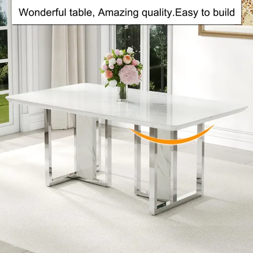Miniatura 4 de Juego de mesa de comedor moderno de 67 pulgadas para 6, juego de mesa de cocina blanca, juego de mesa de comedor de lujo con mesa de mármol