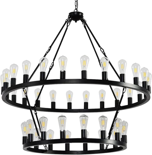 Miniatura 4 de Candelabro negro de 48 pulgadas con rueda de vagón, 2 niveles y 40 luces, estilo granja, industrial, redondo, de techo alto, cadena ajustable