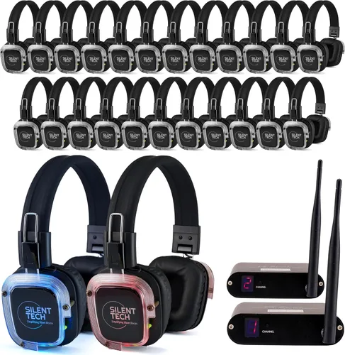 Disco silencioso en una caja: 25 auriculares inalámbricos LED, transmisores de 2 canales, sistema de auriculares de disco silencioso Plug & Play
