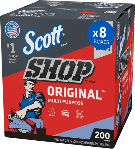 Scott Shop Original Toallas azules (75190), toalla de papel similar a tela de 9 x 12 pulgadas (8 cajas de 200 hojas, 1600 hojas en total)