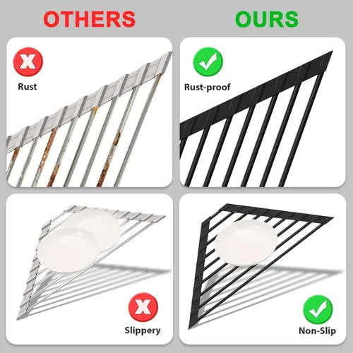 Miniatura 5 de HANZENMA Estante triangular para fregadero, estante multifuncional sobre la encimera, esterilla plegable para secar el fregadero, resistente al Negro