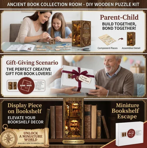 Miniatura 5 de Kit de rincón de libros para adultos, rompecabezas de madera 3D, kit de casa en miniatura de la biblioteca antigua con luz LED y cubierta antipolvo