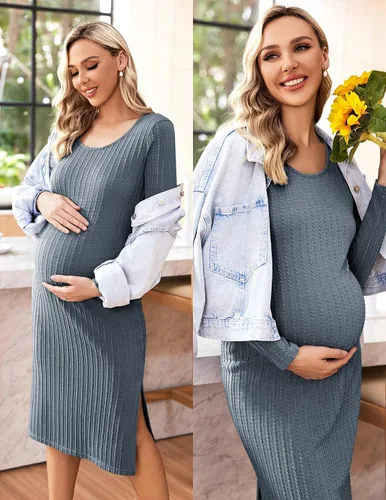 Miniatura 2 de Ekouaer Maternity Dress Rib Knit Long Sleeve Side Slit Bodycon Dresses Pregnancy Baby Shower Clothes S-XXL