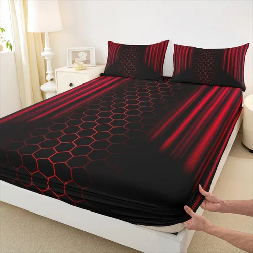 Miniatura 16 de Manfei Sábana bajera ajustable de panal rojo, tamaño matrimonial, juego de ropa de cama hexagonal geométrica de 3 piezas para decoración de Multi 07