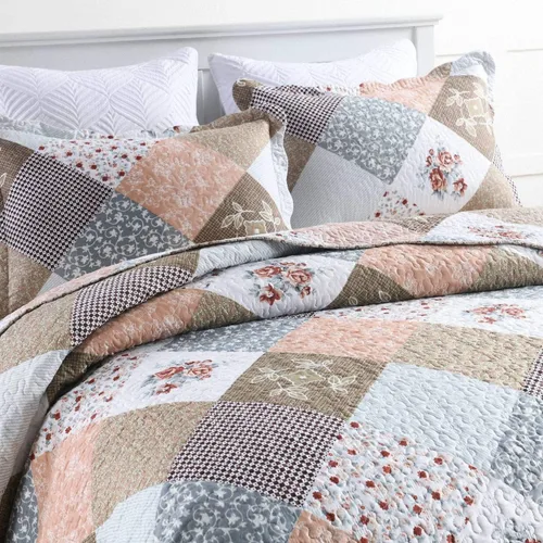 Miniatura 2 de Homcosan - Juego de colchas para cama tamaño King (98x106 pulgadas), diseño reversible de retazos florales en moka, colcha ligera para todas