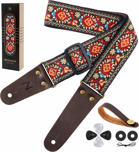 Nefelibata Correa de guitarra, correas de guitarra de algodón bordadas con extremos de cuero de vaca para bajo, guitarras eléctricas y acústicas,