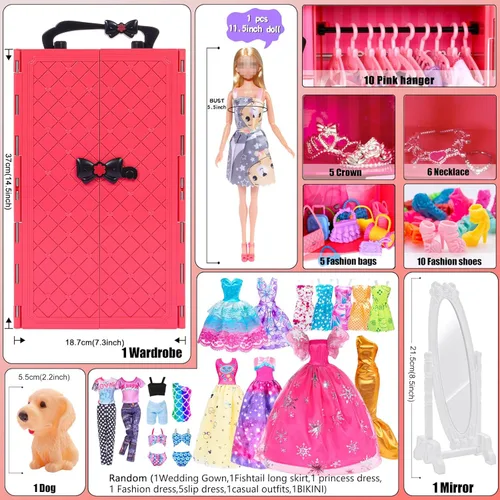Miniatura 2 de Muñeca de moda de 11.5 pulgadas con accesorios de ropa de armario, incluye vestido de princesa, vestidos largos, trajes, zapatos, bolsos, espejo