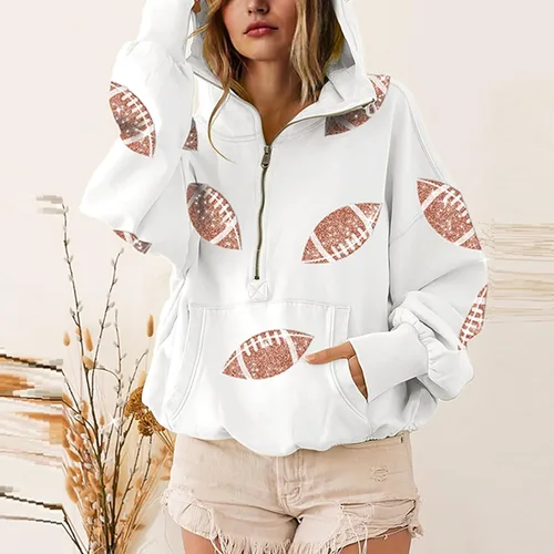 Miniatura 4 de SeekMe Sudaderas con capucha de lentejuelas para mujer, para el día del partido, suéteres de manga larga con cremallera y bolsillo