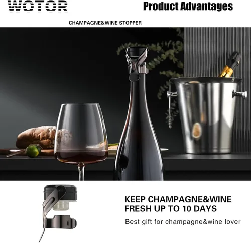 Miniatura 4 de WOTOR Tapones para botella de vino y champán de acero inoxidable con silicona de grado alimenticio, a prueba de fugas, se mantienen frescos, Negro