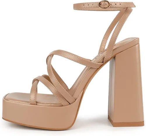 Miniatura 4 de ISNOM Tacones gruesos de plataforma para mujer, sandalias de tacón de bloque con punta cuadrada abierta y correa de tobillo