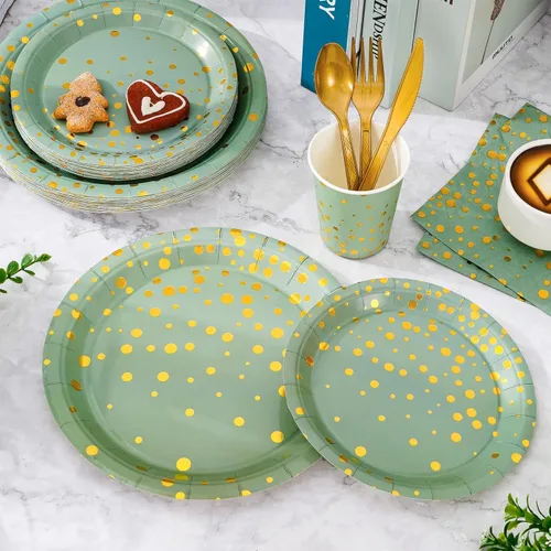 Miniatura 4 de Whaline 175 piezas de suministros de fiesta verde salvia con puntos dorados, platos de papel, servilletas y vasos, juego de vajilla desechable