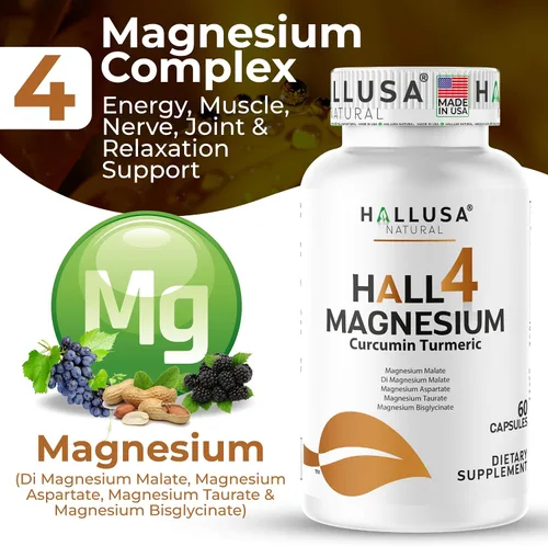 Miniatura 4 de HALL4 Magnesio 60 cápsulas – 4 complejos de magnesio malato, aspartato, taurato, bisglicinato y curcumina cúrcuma – energía, función muscular, salud