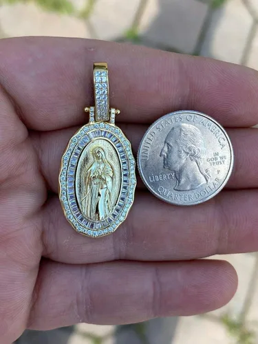 Miniatura 4 de Harlembling Plata de ley 925 maciza acabado de plata natural o oro de 14 quilates colgante de Virgen María para hombres o mujeres medallón