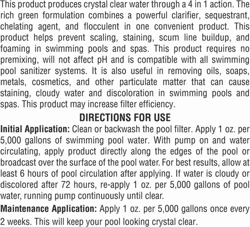 Miniatura 5 de Robelle Tratamiento de agua concentrado 4 en 1 de 1 cuarto de galón, clarificador de piscina, fabricado en Estados Unidos