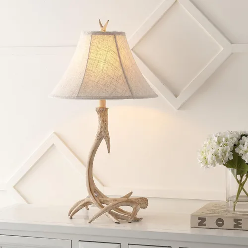 Miniatura 2 de JONATHAN Y Lámpara de mesa de resina rústica beige de 27.5 pulgadas para sala de estar, dormitorio, pantalla de lino gris claro, lámpara de mesita