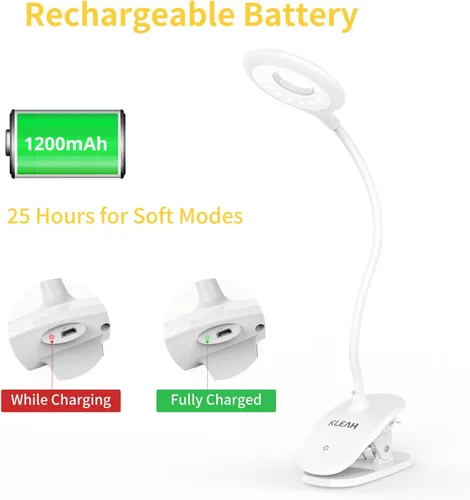 Miniatura 10 de KLEAH Luz de clip para cama y escritorio, lectura en cama, dormitorio, cuello de cisne flexible, lámpara de abrazadera recargable a pilas para Blanco