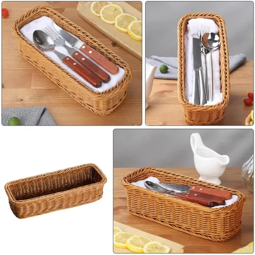 Miniatura 9 de ABOOFAN Organizador de almacenamiento de cubiertos tejido de mimbre, organizador de utensilios de cubiertos, cesta de pan de ratán, bandeja