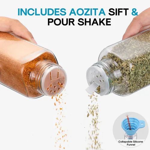Miniatura 4 de Aozita - 14 tarros para especias de vidrio con tapas negras, botellas vacías cuadradas de 4 oz y etiquetas de especias, tapas negras de coctelera