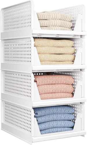 Paquete de 4 cajas de almacenamiento plegables para armario, contenedores de almacenamiento apilables, cesta de cajón de plástico para armario,