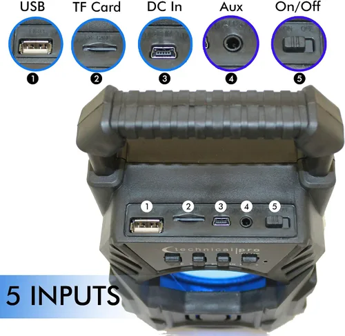Miniatura 5 de Technical Pro Altavoz Bluetooth compacto recargable portátil con LED USB/FM/TF, diseño ligero y compacto que lo convierte en el altavoz perfecto