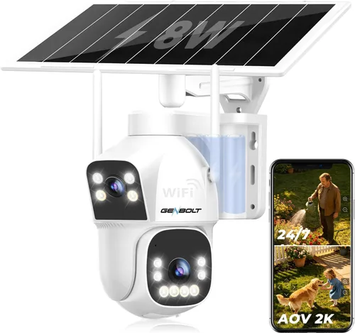 GENBOLT 2.5K AOV WiFi Cámara de seguridad solar al aire libre inalámbrica, 7/24 grabación 3MP+3MP cámara de vigilancia IP con detección de IA de 90