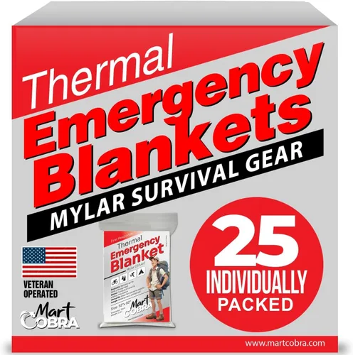Mart Cobra Manta de Emergencia 25-Paquete Mantas Espaciales de Mylar Equipo y Suministros de Supervivencia Reutilizables Mantas Térmicas Esenciales