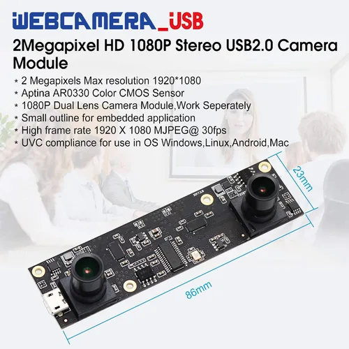 Miniatura 8 de Webcamera_USB 1080P Módulo de cámara USB de doble lente para computadora Gran angular Dual Vision PC Cámara Mini UVC USB2.0 Cámara web 3D Cámara