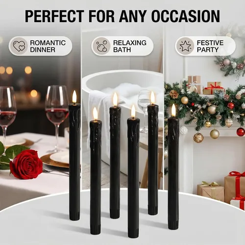 Miniatura 8 de Eywamage Velas cónicas sin llama de cera negra con control remoto, velas LED parpadeantes de cera que funcionan con pilas, juego de 6