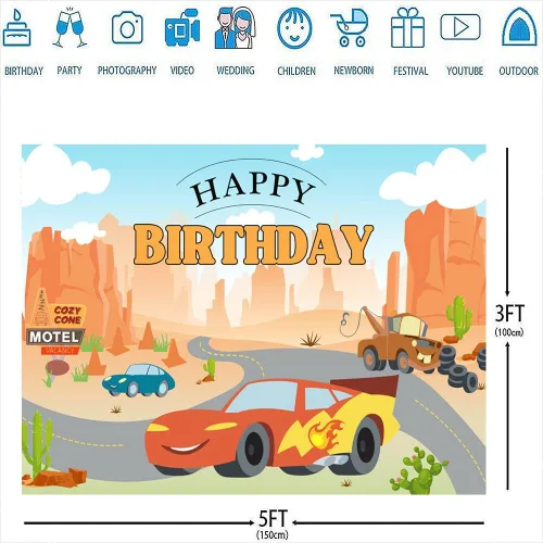 Miniatura 6 de Ticuenicoa Telón de fondo de cumpleaños de auto de carreras de 5 x 3 pies, decoración de fiesta de cactus del desierto de dibujos animados