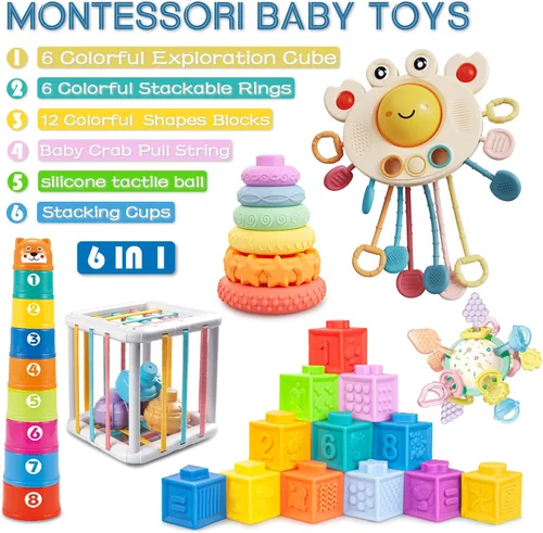 Miniatura 3 de Juguetes 6 en 1 para bebés de 6 a 12 meses, juguetes para bebés de 6 a 12 meses, incluye 12 bloques apilables suaves, cuerda de silicona y bola