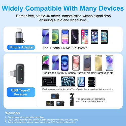 Miniatura 9 de Mini micrófono de solapa USB-C, micrófono Lavalier ligero de 0.18 oz con cancelación de ruido para iPhone 17/16/15 y Android, configuración de audio