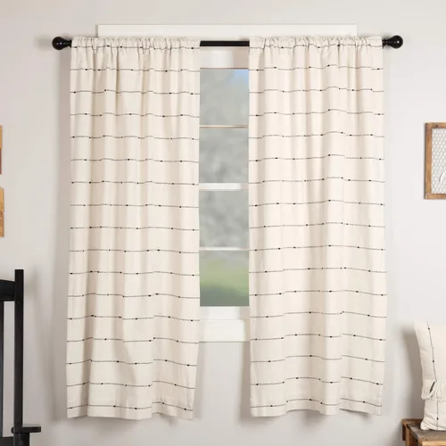 Miniatura 5 de Piper Classics Farmcloth Stripe Tiers, Set/2, 24 pulgadas de largo x 36 W, granja rústica, crema natural con rayas negras, cortinas de café