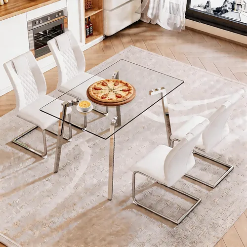 Miniatura 28 de Juego de mesa de comedor de cristal para 4, mesa rectangular con 4 sillas de cocina de cuero gris, juego de comedor de cocina de 51 pulgadas, mesa 4