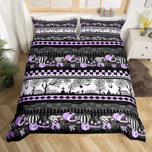 Miniatura 11 de Lindo juego de funda de edredón de fantasma, tamaño individual para niños y niñas, juego de ropa de cama de calabaza y calavera de azúcar, funda