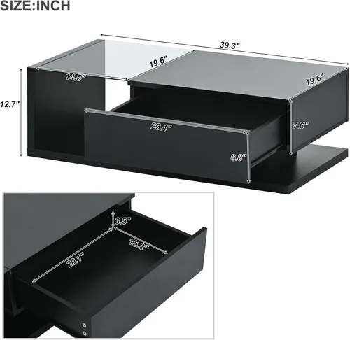 Miniatura 2 de Mesa auxiliar rectangular con vidrio templado, mesa moderna negra de dos niveles para sala de estar, mesa de centro de madera con cajón extraíble