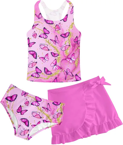Miniatura 72 de Traje de baño tankini de 3 piezas para niñas, lindo bikini con salida de baño con falda de playa de 5 a 16 años