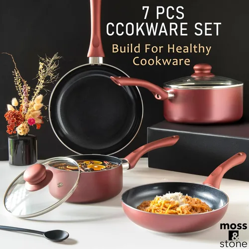 Miniatura 6 de Moss & Stone Juego de 6 utensilios de cocina antiadherentes, ollas y sartenes antiadherentes con tapa de vidrio, utensilios de cocina de inducción