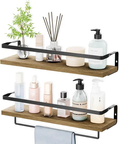 Miniatura 8 de Estantes de baño con toallero, estantes flotantes para baño, cocina, dormitorio, madera de paulownia, marco de metal negro mate, juego de 2