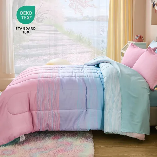 Miniatura 39 de Dinjoy Juego de edredón para niñas, tamaño individual, colorido, azul, rosa, morado, arcoíris, juego de ropa de cama de 6 piezas en una bolsa