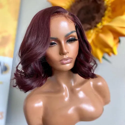 Miniatura 8 de #1B/4/27 - Pelucas de cabello humano corto ondulado en capas con reflejos degradados 13x4 HD transparente con encaje frontal, pelucas de cabello