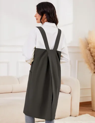Miniatura 7 de Schine Pinafore de algodón con espalda cruzada para mujer, con bolsillos grandes, prácticos delantales para trabajos de jardinería, cocina, Verde