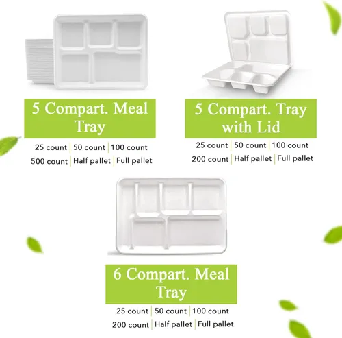Miniatura 7 de three leaf Bandeja de comida con tapa de 5 compartimentos, 200 juegos. Bandeja de bagazo desechable resistente y ecológica con tapa, platos 100% 5