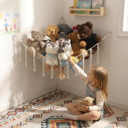 YKBU Hamaca de animales de peluche, red colgante en la esquina, macramé, almacenamiento de animales de peluche, organizador de juguetes para estilo