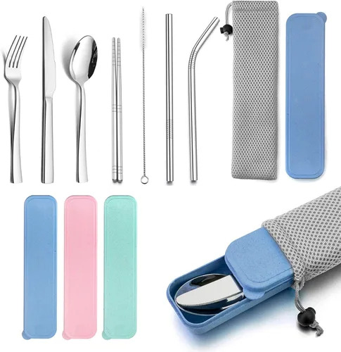 HaWare Utensilios de viaje portátiles con funda, juego de cubiertos de acero inoxidable para camping, oficina, escuela, almuerzo, incluye cuchillo,